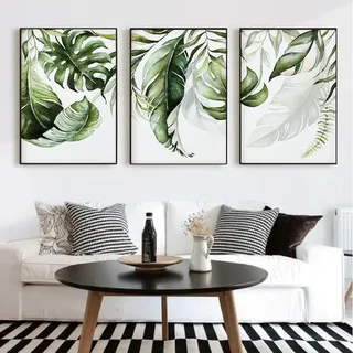 Herfair 3er Set Premium Poster, Moderne Bilder Abstrakt Botanik Pflanzen Bild Grüne Blätter Poster, Wanddeko für Schlafzimmer und Wohnzimmer, Ohne Rahmen (40x50cm)