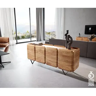 DELIFE Sideboard Kiano, Akazie Natur 175 cm 4 Türen V-Fuß Schwarz Raumteiler beige 175 cm x 67 cm x 45 cm