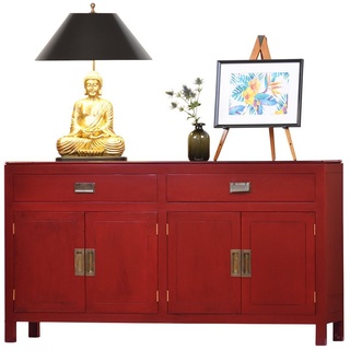 Kai Wiechmann Sideboard »Sideboard im asiatischen Stil rot 155 x 40 cm Anrichte Büfett«, rot lackiert, mit 2 Schubladen, viertürig, Used Look, Massivholz rot