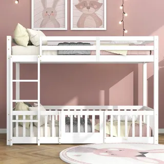 ModernLuxe Etagenbett mit rechtwinkliger Treppe, Massivholz, weiß (200x90 cm), Kinderbett mit Fallschutz, Gitter und Stauraum, ohne Matratze