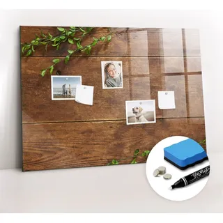 Magnetische Wandnotiztafel - Weißer Marker + Schwamm + Magnete 100 x 70 cm - Rustikales Holz - Braun
