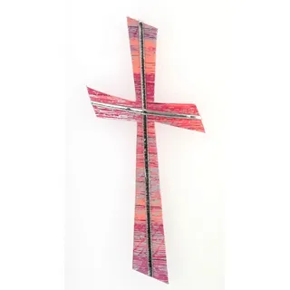 Verziermaterial Wachsmotiv Kreuz rosa silber, multicolor mit silberfarbigen Wachsstreifen 11 x 5 cm - Wachsornament Kreuz, Wachsdekore für Kerzen - 9687 - zum Kerzen gestalten und basteln.