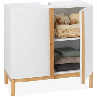 Relaxdays Waschbeckenunterschrank, 2 Fächer, Badschrank MDF & Bambus, Waschbeckenschrank HBT 60,5x60x30,5cm, Weiß/Natur