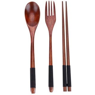 Holz Besteck Set, Holz Essstäbchen Löffel Gabel Geschirr mit Faden für Camping, Picknick, Büro oder Zuhause(Schwarz)