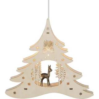 weigla - Fensterbild original Erzgebirge Tannenbaum mit geschnitztem Reh I Weihnachtsdeko Fenster I 1 Lampe I 7 W, E14 I Fensterbild Weihnachten I Weihnachtsbeleuchtung Holz I Fensterdeko hängend