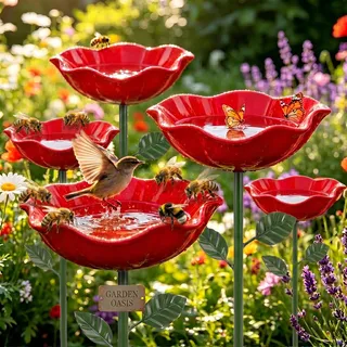 5 Stuick Vogeltränke Blume, Insektentränke Gartendekoration, Metall Gartenstecker für Rasen,Bienentränke Blume, Dekorative Fütterschale für Vögel und Bienen