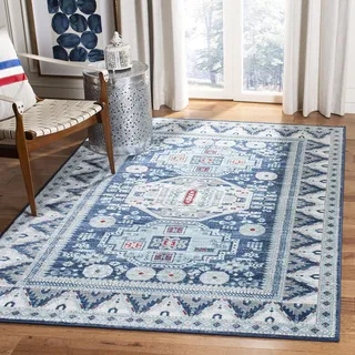 SAFAVIEH Stammes-inspiriert Teppich für Wohnzimmer, Esszimmer, Schlafzimmer - Kazak Collection, Kurzer Flor, Blau und Creme, 160 X 229 cm