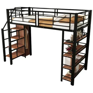 OKWISH Kinderbett Hochbett Metallbett Stauraumbett Gästebett (mit Sicherheitstreppe, Stauraum und kleinem Kleiderschrank, mit Einlegeböden, hohes Zaundesign, Einzelbett, Jugendbett), ohne Matratze schwarz