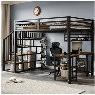 OKWISH Kinderbett Hochbett Metallbett (mit Treppen und Handläufen, Schreibtisch und Aufbewahrungsregal, Stabile Lattenroste, 120x200 cm), ohne Matratze schwarz