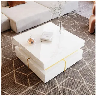 STILVORA Couchtisch mit Schubladen,Wohnzimmertisch Sofatisch mit Hochglanz,Weiß (Beistelltisch, 1-St., Zwei Schubladen zur Aufbewahrung), mit glattes Hochglanz-Finish,goldenen Verzierung, L70*H35.5*B70cm weiß