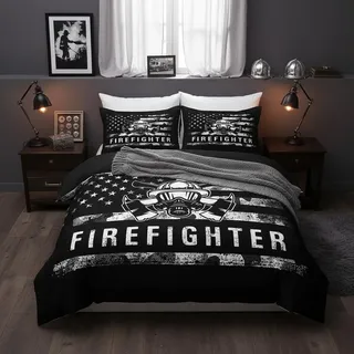 Feuerwehr Bettbezug Set M Größe,Retro amerikanische Flagge Patriotische USA Flagge Bettwäsche Mädchen Jungen Erwachsene,Feuerwehr LKW Tröster Abdeckung,Schwarz Grau Camo Quilt Cover,1 Kissenbezug