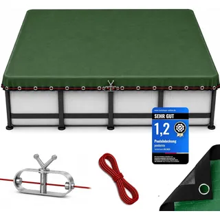 poolomio Poolabdeckung rechteckig 600 x 300 cm, Winterabdeckung Pool | Abdeckplane für Pool 6 x 3 m – 200 g/m2 robustes, UV-resistentes PE – Stahlseil & Ratsche – Echtmaß: 660 x 360 cm