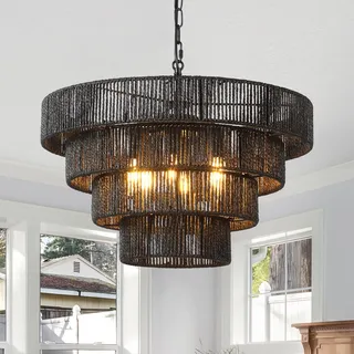 Schindora 50Cm Boho Pendelleuchte,Handgewebt Lampenschirm Rattan 6-Leichter HäNgelampe 4 Runde ÜBergangs-Rustikal GroßEr Lampenschirm HäNgelampe FüR Esstisch Wohnzimmer KüChe Schlafzimmer,Matt Schwarz