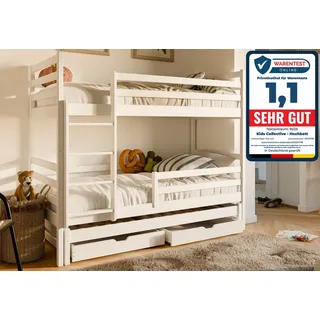 Kids Collective Hochbett 90x200 cm mit Ausziehbett Kinderbett mit Ausziehfunktion, 2 Schubladen Lattenrost, Rausfallschutz, umbaubar, mit drei Matratzen, Vollholz