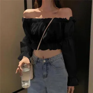 Wxbc Damen Top Sexy Bluse Schulterfrei Top Langarm Club Party Shirt Puffärmel Rüschen Tunika Crop Top Sommer Tube Top-schwarz,S