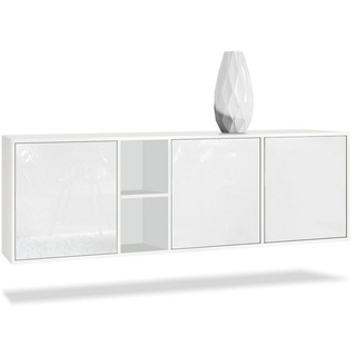Vladon Sideboard Cuba (Kommode, mit 3 Türen und 2 offene Fächer), Weiß matt/Weiß Hochglanz (182 x 53 x 35 cm) weiß