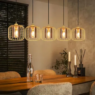 CBJKTX Pendelleuchte Esstisch Hängeleuchte Rauchgrauglas Vintage - 100CM Hängelampe 5 Flammig Esstischlampe Höhenverstellbar E27 Retro Gold Metall Esszimmerlampe für Küche (ohne Leuchtmittel)