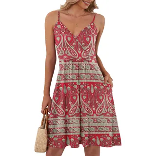 AUSELILY Sommerkleider Damen V-Ausschnitt Damen Leicht Und Luftig Ärmellos Sexy Träger Strand Trägerkleid mit Taschen(Boho Blume Rot,L - L