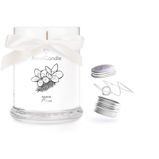 JuwelKerze Fleur de Monoi + Armband Silber - Schmuckkerze 40 Std - Duftkerze im Glas mit exotischem Duft - Kerze mit Schmuck - Geschenke für Frauen, Geburtstag