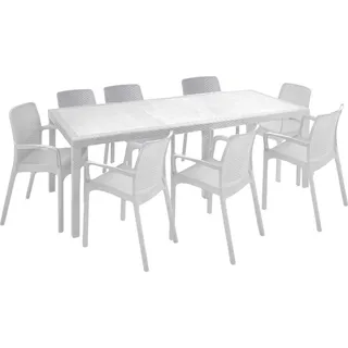 Outdoor Lounge Set Arret, Outdoor Lounge Set, Ausziehbarer rechteckiger Tisch mit 8 Stühlen mit Armlehnen, Italy, Weiß - Weiß