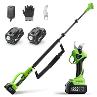 TaskStar 2-in-1 Akku Astschere Teleskop: 30mm Schnittdurchmesser Elektrische Gartenschere mit Teleskopstange bis 2,5 m, 2×4000mAh Batterie, Bürstenloser Motor, Ersatz SK5 Klinge, 3 modi für Garten