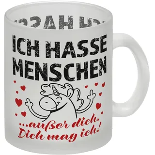 Ich hasse Menschen - außer dich Einhorn Valentinstag Glas Tasse als Tasse von Menschenmuffeln für Freunde und Liebste mit Humor als Valentinstagsgeschenk für Pärchen Glas Tasse