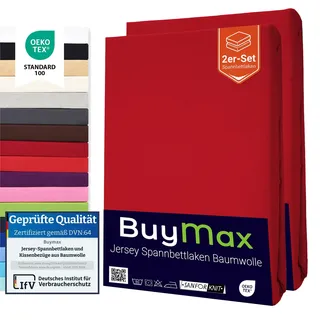 Buymax Spannbettlaken 70x140cm Doppelpack 100% Baumwolle Kinderbett Spannbetttuch Baby Bettlaken Jersey, Matratzenhöhe bis 15 cm, Farbe Rot