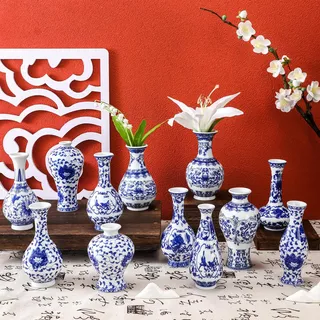 Maxcheck Kleine blaue und weiße Vasen, Mini-Vasen, Porzellan, Chinoiserie-Knospenvase, Vintage-Keramik, orientalisch, handgefertigt, chinesische Blumen-Jardiniere für Zuhause, Büro, Regal, Tisch