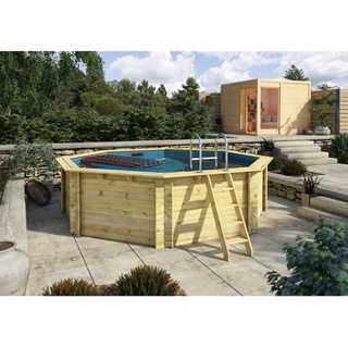 Karibu   Achteck Massivholz Pool 428 x 428 x 124 cm Modell 2A  Inkl. Zubehör und Pool Leitern