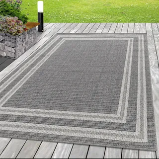 SIMPEX In- & Outdoor Teppich 140x200 cm, Wetterfest & Robust, Flachgewebe mit Modernem Bordüren-Design in Grau & Creme, Rechteckig für Terrasse, Balkon, Küche, Bad & Wohnzimmer