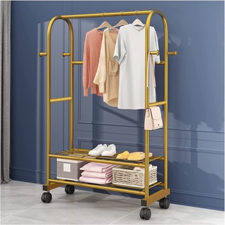 Goldfarbener Kleiderständer mit Rad und 4 seitlichen Haken, freistehender freistehender Garderobenständer mit 2-stöckigem Regal für Wäsche und Schlafzimmer (Größe: 80 cm)
