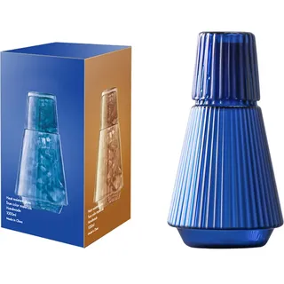 34oz Vintage Wasserkaraffe und Glas-Set, Klassische Gestreifte Nachttisch-Wasserkaraffe mit Tumbler, Klarglas-Saft-Wasserkrug für Schlafzimmer-Nachttisch(Blau)