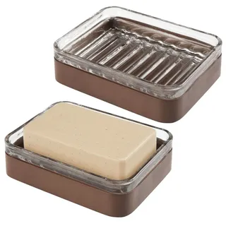 mDesign 2er-Set Seifenschale aus Bambus und Glas – praktischer und umweltfreundlicher Seifenkorb – Seifenablage für das Badezimmer oder die Küche – durchsichtig/braun