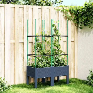 ULUYYUC Hochbeet Blaugrau mit Rankgitter 80x40x142 cm aus robustem PP Rattan-Look erhöhtes Gartenbeet für Balkon Terrasse und kleine Flächen