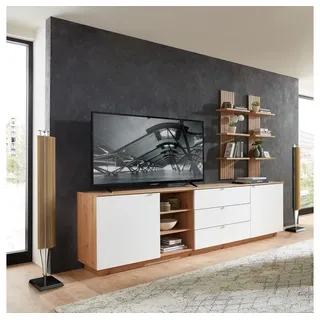 Lomadox Sideboard CUST-36, Set mit 2 Wandboards weiß mit Eiche 240 cm, Wohnwand, Fernsehschrank weiß