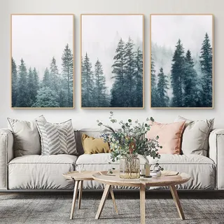 Viusneun 3er Poster Set, Nebliger Wald Wandbilder Aesthetic Landschaften Triptychon Premium Leinwandbilder für Wohnzimmer Schlafzimmer Ohne Rahme (50 x 70 cm)