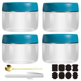 CNKHDZ 4 Stück Overnight Oats Gläser Blau 300ml,Meal Prep Gläser,Overnight Oats Gläser mit Deckel Wiederverwendbare Einmachgläser für Hausgemachte Marmelade,Einlegen,Mason Jar mit Löffel,Etikett