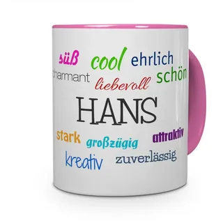 printplanet Tasse mit Namen Hans - Positive Eigenschaften von Hans - Namenstasse, Kaffeebecher, Mug, Becher, Kaffeetasse - Farbe Rosa