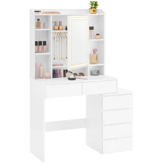 VASAGLE Kailyn Kollektion - Schminktisch mit LED-Beleuchtung, Frisiertisch mit Spiegel, 40 x 97,5 x 145 cm, Kosmetiktisch mit Schubladen, verstellbaren Ablagen, modern, wolkenweiß RDT124W01