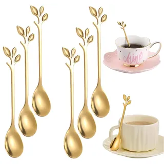 6 Stück Espresso Löffel Edelstahl Set, Blatt Form Kaffee Löffel, Gold, 12cm, Für Cappuccino Latte, WMF Style, Rostfrei Spülmaschinenfest, Tee Kuchen Dessert Werkzeug