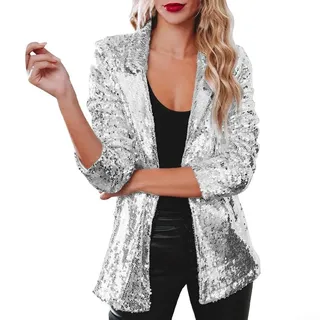 Vasiumic Damen-Blazer-Jacke mit glänzendem Pailletten-Revers und langen Ärmeln, Cardigan-Verschluss für Herbst, Winter, Party, Nachtclub und Rave-Mode