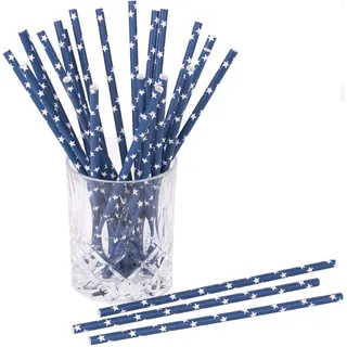 Papierstrohhalme Stars 25 St. 100% Papier L:19,7cm Strohhalm biologisch abbaubare Trinkhalme, Farbe:blau