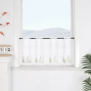 SCHOAL Scheibengardine mit Lochleiste Bistrogardine mit Stickerei Scheibenvorhang mit Weihnachtsbaum Transparent Vorhang Voile Kurzgardine Weihnachten 1 Stück HxB 60x120 Weiß