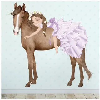 Sunnywall Wandtattoo Prinzessin Mädchen auf Pferd, Wandaufkleber Kinderzimmer, Pferde, selbstklebend, rückstandslos entfernbar braun