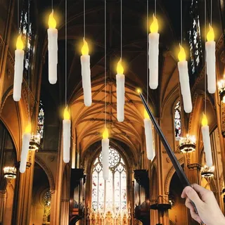 12 Stück Halloween Deko Schwebende Kerzen,Flackernde Flammlose LED Kerzen mit Zauberstab,Led Stabkerzen mit Timerfunktion und Fernbedienung Hängende Kerzenlichter für Party Kirche Hochzeit Home Deko