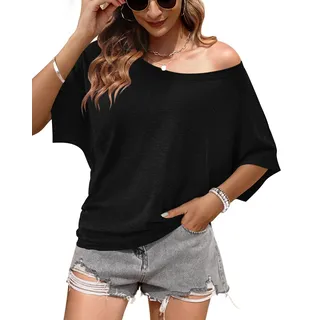WNEEDU Schulterfreies Oberteil Damen Sommer Fledermaus T Shirt Longshirt | Off shoulder top, lässig basic locker Rundhals shirt - 3XL