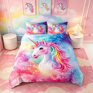 Homemissing Einhorn Bettwäsche Set 155x220cm Glitter RainSchleifen Bettbezug mit Reißverschluss Colorful mit 1 Kissenbezug Mädchen Cute Einhorn Bettwäsche-Set