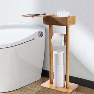 ZUJJAFY Toilettenpapierhalter aus Bambus, freistehender Toilettenpapierhalter mit Ablage und Aufbewahrungsbox, Toilettenpapierrollenhalter für Badezimmer & WC Ersatzrollen Aufbewahrung