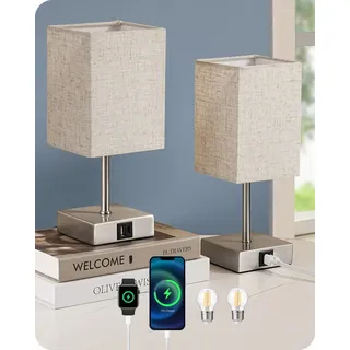 EDISHINE LED Nachttischlampe Schreibtischlampe Touch Dimmbar, 2er-Set Tischleuchten mit USB, LED wechselbar, warmweiß, kleine Tischlampe mit Ladefunktion für Fensterbank, Geschenk beige|grau
