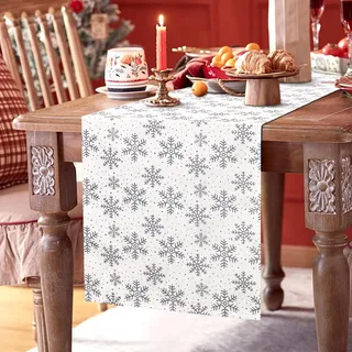 BonBotimen Tischläufer Schwarz Schneeflocken Weiß Modern Weihnachten Winter Feiertage Küche Esstisch Dekoration für Innen und Außenbereich Zuhause Party Dekor 40 x 140 cm